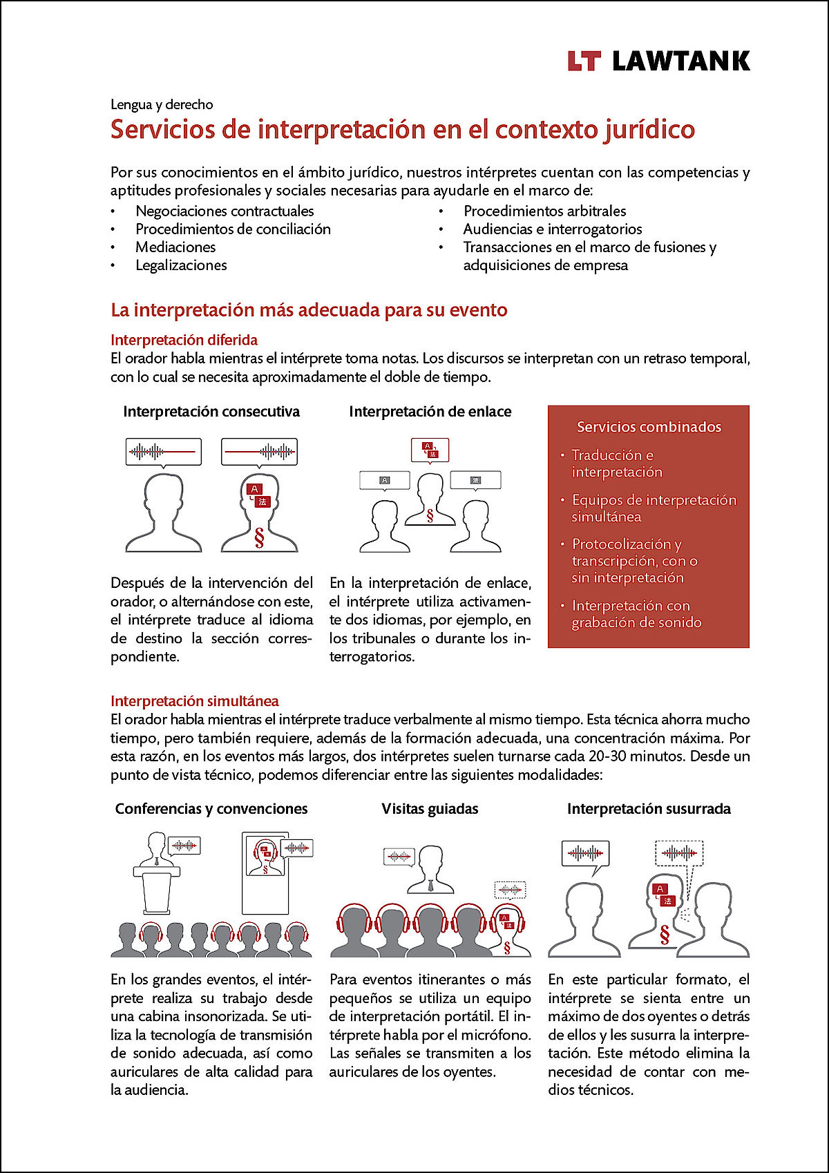 LT Lawtank - Servicios de interpretacion en el contexto juridico - Negociaciones contractuales, Procedimientos de conciliación, Mediaciones, Legalizaciones, Procedimientos arbitrales, Audiencias e interrogatorios, Transacciones en el marco de fusiones y adquisiciones de empresas, Conferencias