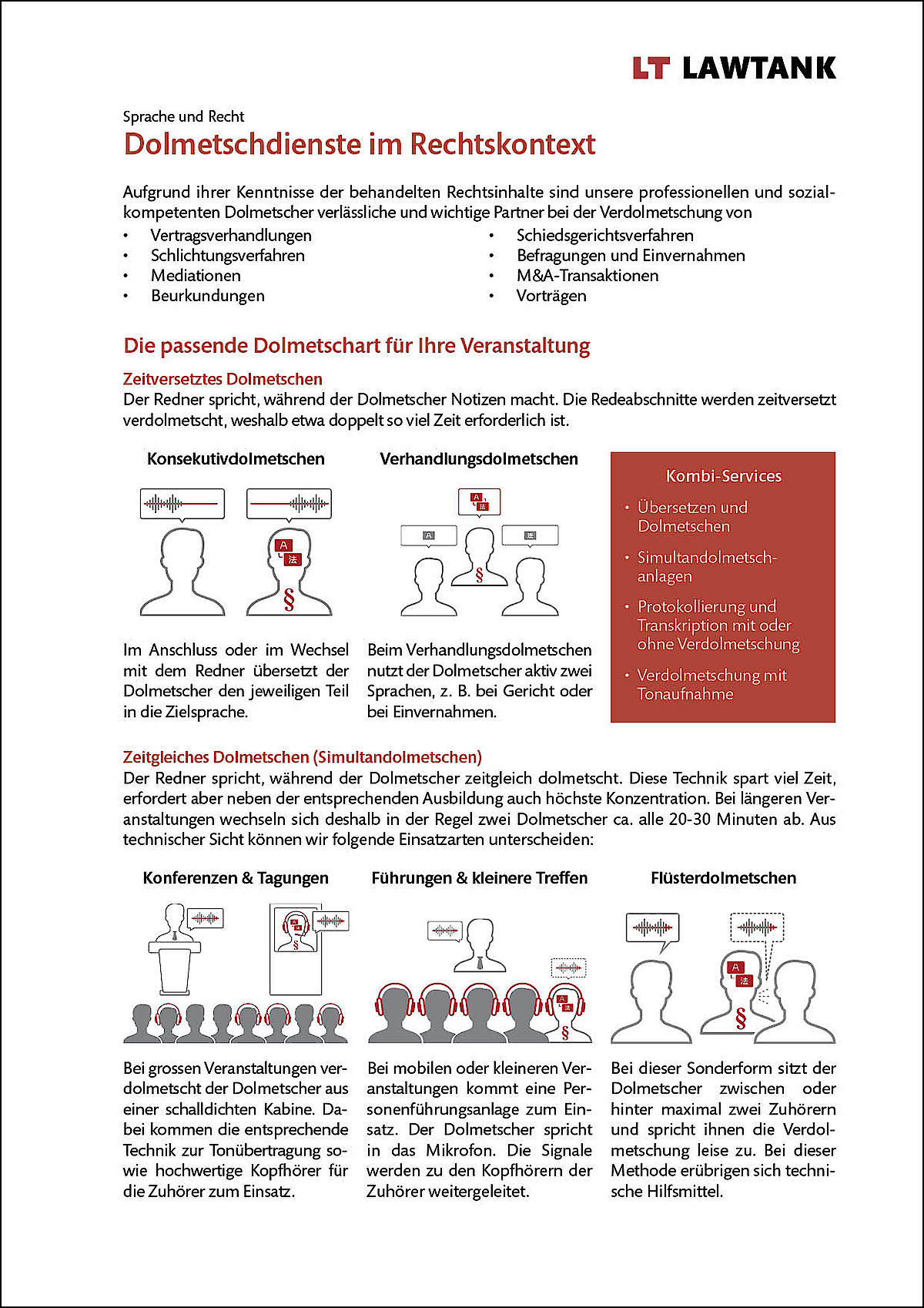 LT Lawtank - Dolmetschen im Rechtskontext - Vertragsverhandlungen, Schlichtungsverfahren, Mediationen, Beurkundungen, Schiedsgerichtsverfahren, Befragungen und Einvernahmen, M&A-Transaktionen, Vorträge