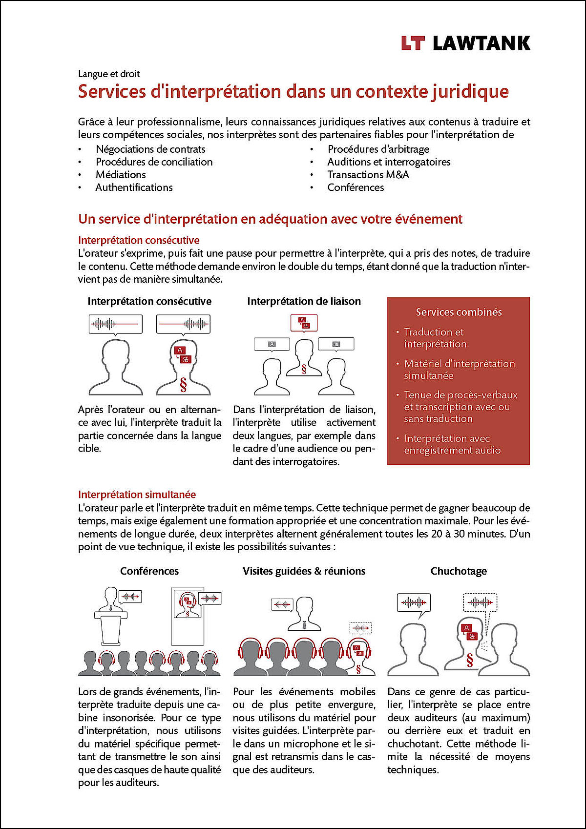 LT Lawtank - Services d'interprétation dans un contexte juridique - Auditions et interrogatoires, Authentifications, Conférences, Médiations, Négociations de contrats, Procédures d'arbitrage, Procédures de conciliation, Transactions M&A